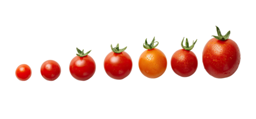 Seven cherry tomatoes of varying sizes on black