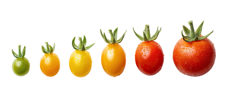 Ripening cherry tomatoes show color and size progression