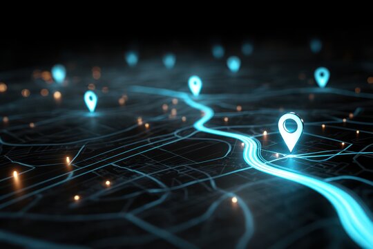 Futuristic Route Tracking: Neon Blue Digital Map Display