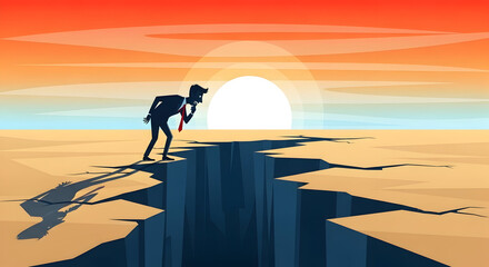 life challenge idea, man standing, staring at fractured earthquake ground, mixed feelings of fear, worry, curiosity, abstract business artwork, cartoon vector illustration
