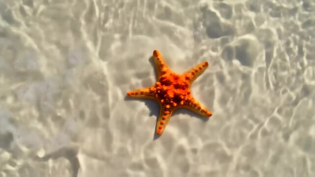 Vibrant Orange Starfish on Pristine White Sand Beach with Gentle Ocean Waves