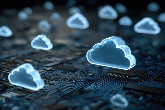 Cloud Computing Concept: Blue Icons on Circuit Board