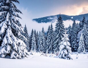 Snowy Mountain Winter Landscape with Fir Trees