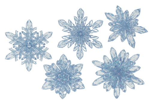 five detailed, glossy transparent glass snowflakes with purple and blue iridescent refraction, arranged decoratively on a transparent background with copy space. concept for minimalist luxury