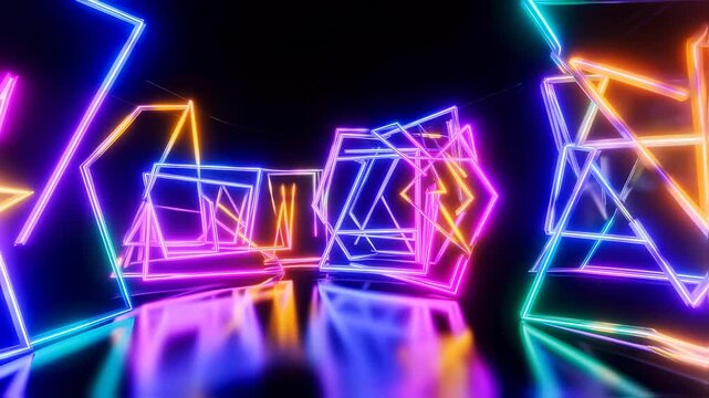 Colorful Abstract Geometric Neon Lines Glowing in a Dark Futuristic Tunnel with Reflections