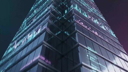 Digital skyscraper with glowing data projections on the glass facade representing network connectivity and big data, perfect for technology presentations and business finance media.