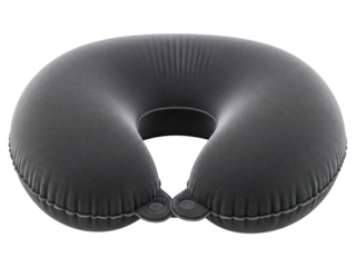 Black inflatable neck pillow for travel and comfortable rest on a transparent background