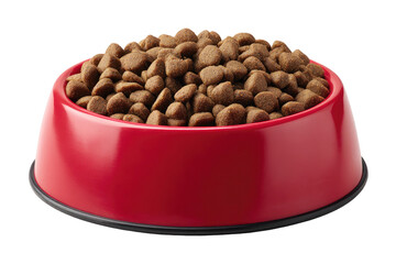 Bright red bowl brimming with dry kibble, isolated on black