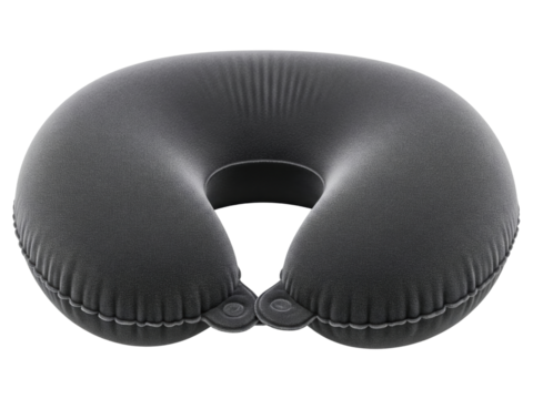 Black inflatable neck pillow for travel and comfortable rest on a transparent background