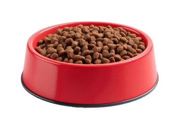 A bright red bowl overflowing with brown kibble, isolated on black