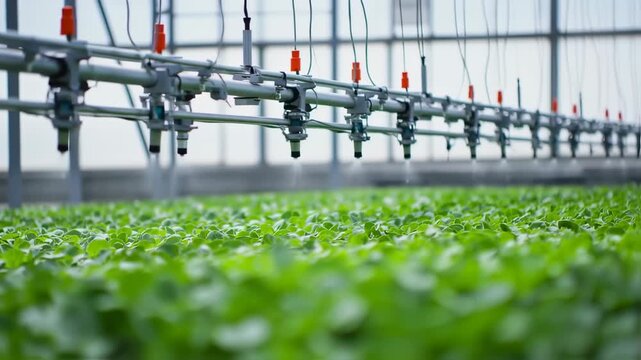 Automated Hydroponic System Watering Green Lettuce in Modern Commercial Greenhouse Farm