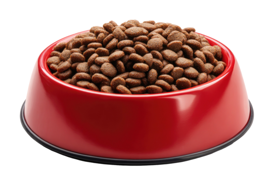 Red bowl overflowing with brown pet food kibble