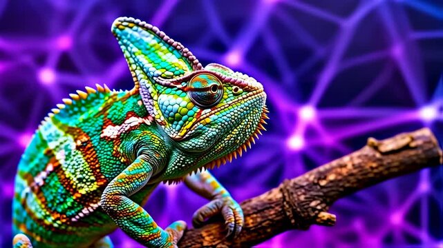Colorful Veiled Chameleon Perched on Branch with Glowing Network Background