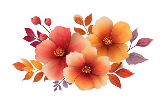 Arrangement of orange and red flowers with leaves, white outlined sticker style on transparent background