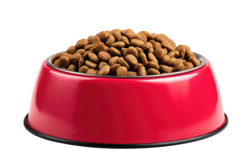 Red bowl filled with dry pet food against black background