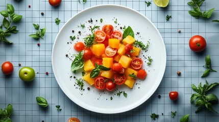 plating design vector mockup with ingredient callouts, golden ratio grid, and modern font layout, flat design vector art