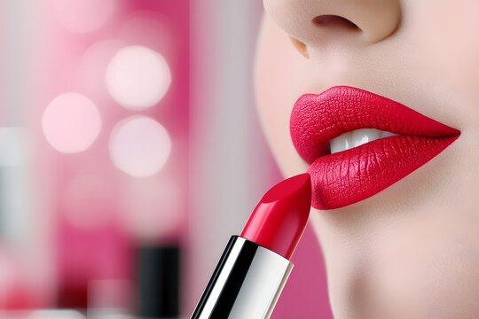 Close-up of a woman applying vibrant red lipstick, showcasing smooth lips and glossy finish, with blurred beauty products in the background, emphasizing makeup artistry and self-expression