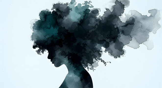 digital artwork, human head silhouette, mental well-being, anxiety – depression emotional concept, watercolor textured grunge backdrop
