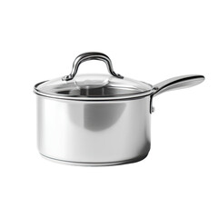 Gleaming metallic saucepan with a transparent lid, against a dark background
