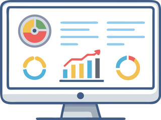 KPI Dashboard Icon: Flat Vector Computer Monitor Displaying Business Analytics, Charts, Graphs, and Data Widgets for Performance Tracking and Reporting.
