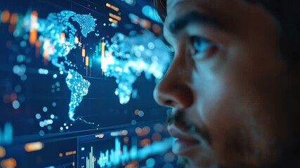 Man analyzing data on a screen with world map and graphs. - Powered by Adobe