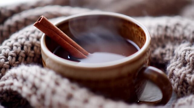 Cozy Steaming Mug of Hot Chocolate with Cinnamon Stick on Knitted Blanket