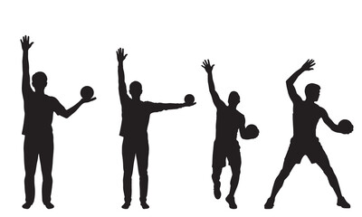 Four male athletes in silhouette poses holding balls for sports illustration