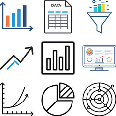 Business Data and Analytics Icon Set: KPI Dashboard, Funnel Chart, Spreadsheets, Pie Graph, Bar Graphs, and Growth Trends for Finance and Reporting Symbols.