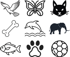 Nine Animal and Pet Icons Grid: Dove, Butterfly, Cat, Dolphin, Elephant, Fish, Bone, Paw Print, and Soccer Ball. Vector Symbols for Nature and Wildlife Design.