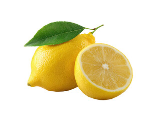Two vibrant yellow lemons, one whole and one halved, with a green leaf