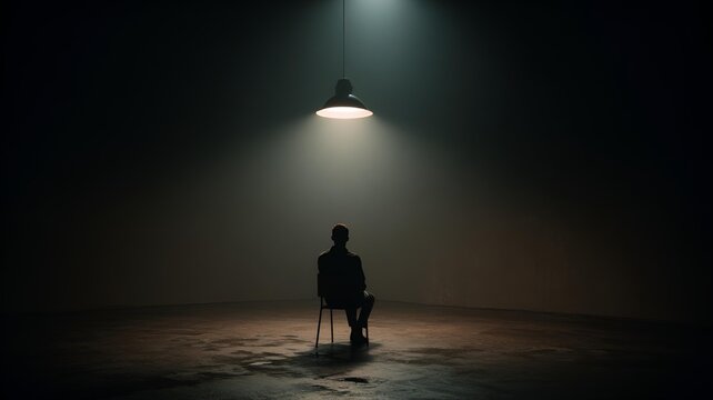 Dark solitary figure in silhouette sitting on a chair in an empty room lit by overhead light. Symbolize a police interrogation room, feeling of trapped. Deep thought, inner self, judged, loneliness