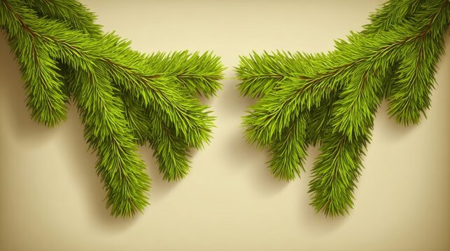 Lush green pine branches create a vibrant, natural border against a light background, evoking a sense of freshness and tranquility.