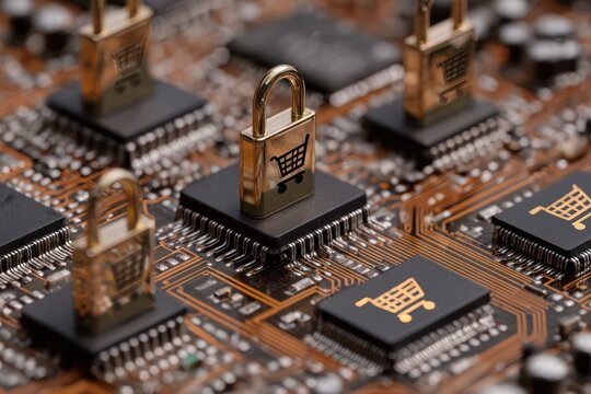 E-commerce Security Concept: Circuit Board with Padlocks and Cart