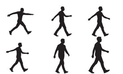 Six distinct human walking poses illustrated as black silhouettes on white background silhouette