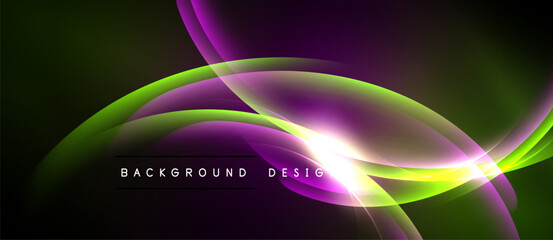 Abstract flowing curves, vibrant colors. Green, purple, yellow blend creating dynamic visual effect. Modern design element.