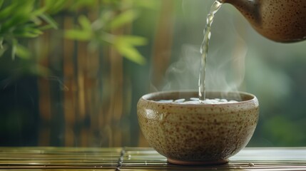 Steam rises as tea is poured into a ceramic cup at a tranquil ga