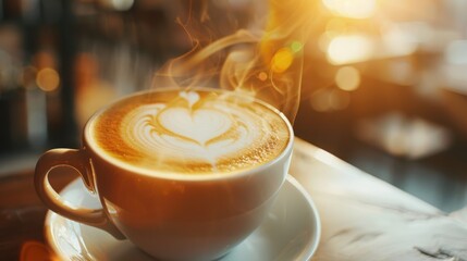 Enjoying a warm cup of coffee with latte art in a cozy cafe duri