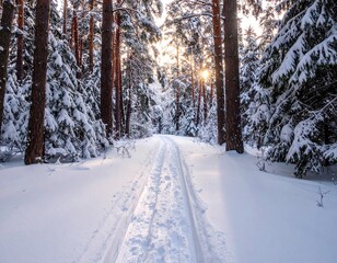 Snowy Path Through Sunlit Winter Forest
