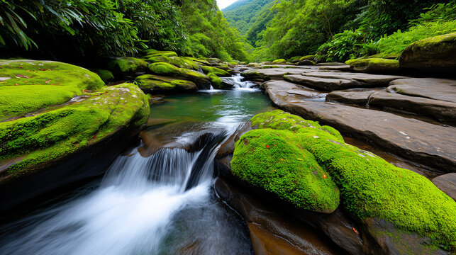 Tropical Jungle Waterfall with Ultra-Smooth Water Flow and Neon Mist