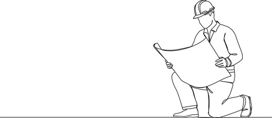 continuous line drawing of contractor looking at construction plan, line art vector illustration