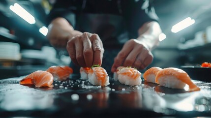 Chef carefully prepares fresh sushi at a sushi bar in a bustling