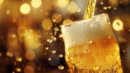 Refreshing golden beer pouring into a glass with sparkling bubbl