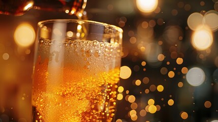 Refreshing golden beer pouring into a glass with sparkling bubbl