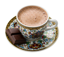 Indulge in rich hot chocolate with dark chocolate at home cozy setup isolated on transparent background