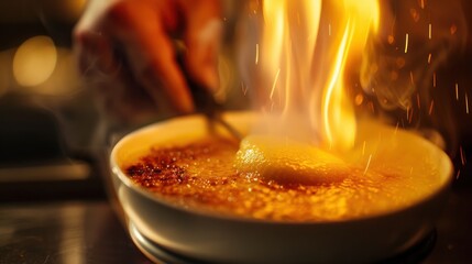 Bubbling dessert flame creates an exciting moment in a busy kitc