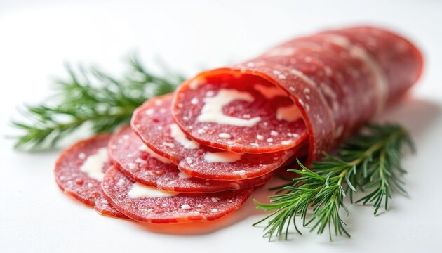 Round salami slices with white fat marbling lay on white surface with green rosemary sprigs. Rich cured meat product offers a savory snack or antipasto option. A gourmet charcuterie board element.