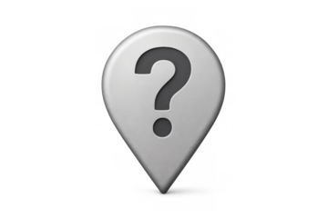 Location pin symbol with question mark icon representing unknown place or searching for information, transparent background