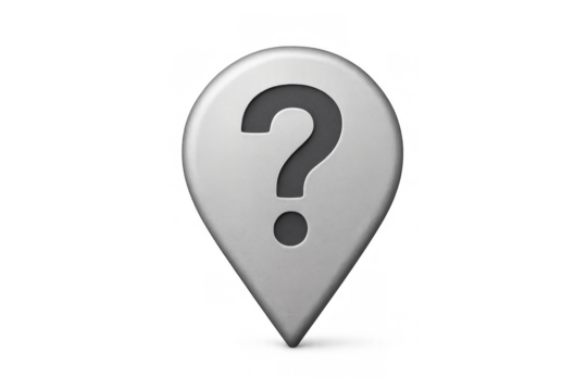 Location pin symbol with question mark icon representing unknown place or searching for information, transparent background