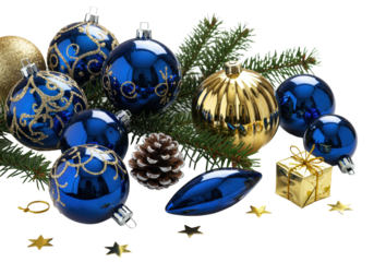 Macro flat lay of deep sapphire blue and brushed gold glass christmas ornaments, frosted pine cone, and ivory gift box on a white reflective surface with copy space, concept of classic holiday luxury