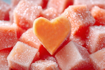 Background of frozen papaya cubes shaped like a heart. 
